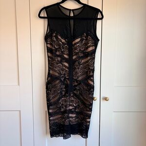 Nicole Miller Black and Tan Lace Mini Cocktail Dress | M
